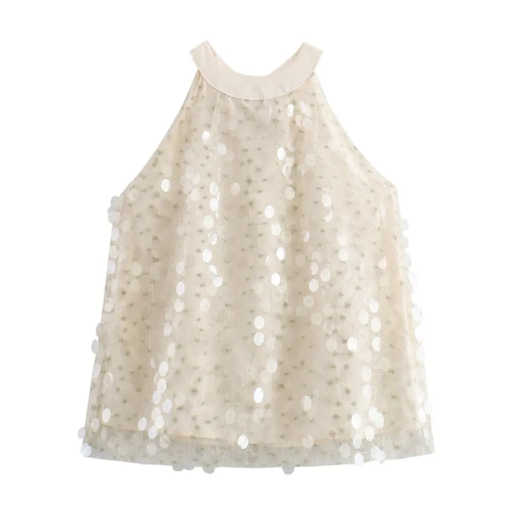 

Women's Slimming Sleeveless Crew Neck Chiffon Top with Sequins European And American-Style Sweet Age-Reducing Summer Shirt
