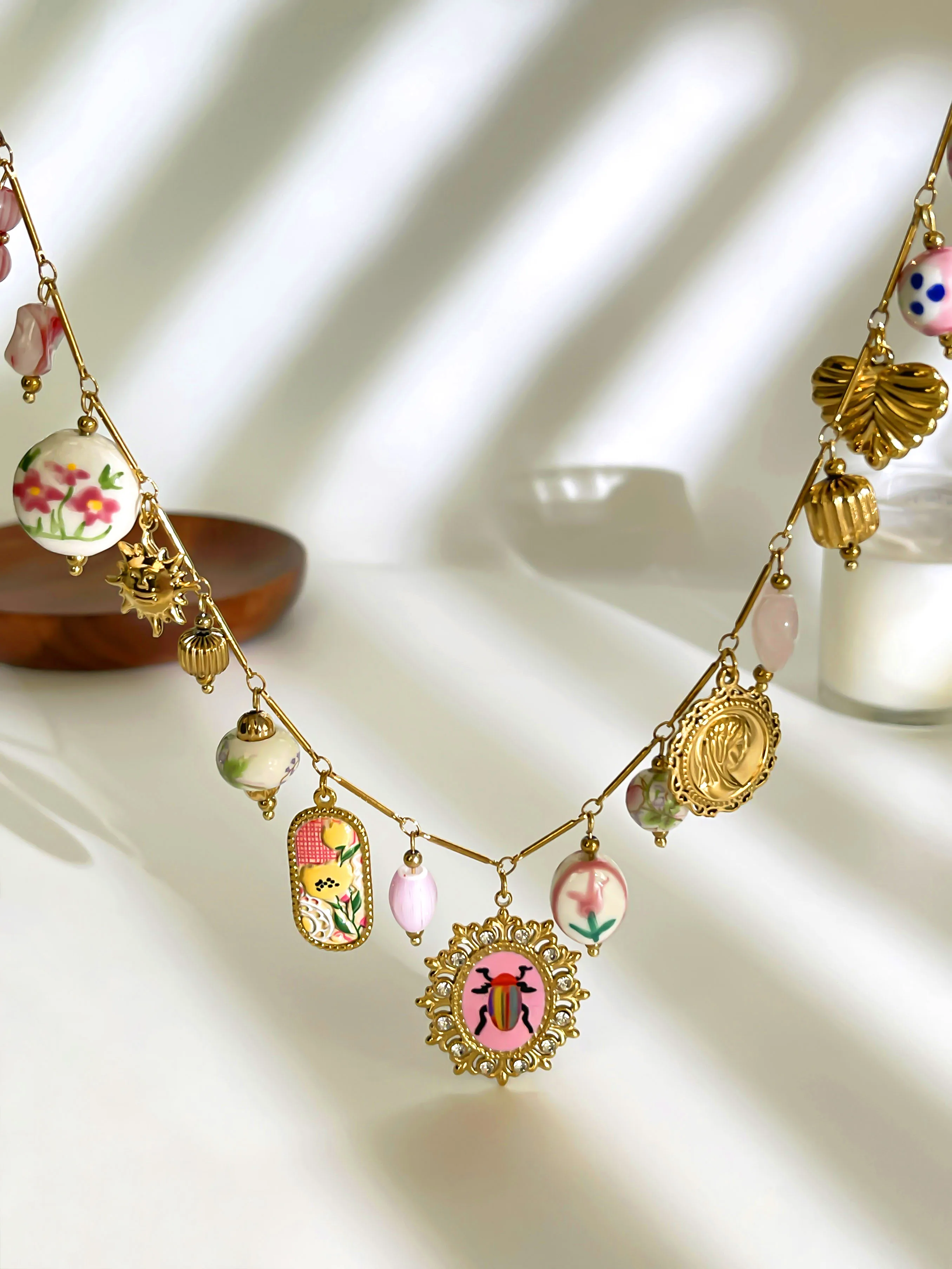 Peri'sbox Long Enamel Glass Ceramic Printed Natural Stone Pendant Necklace  Women Stainless Steel Waterproof Metal Chain Jewelry - view 6
