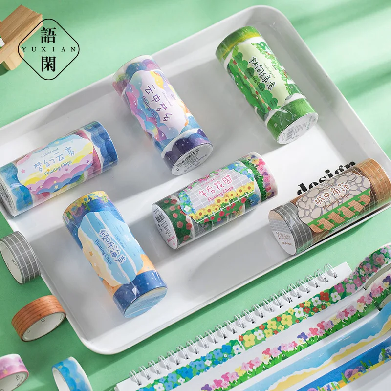 6 Pcs Kawaii Washi Tape Set Tree Flower Beach Scenery Decorative Masking Tape Sets For Craft Kids Scrapbooking Supplies