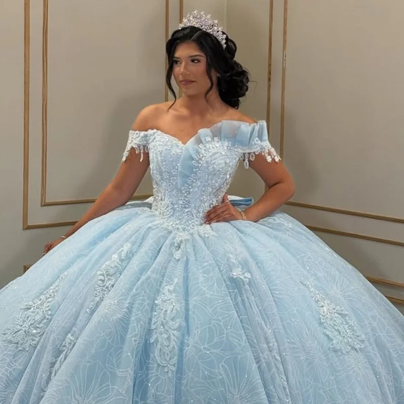 

Shiny aqua blue Quinceanera Dress Lace Tull sequins decal 3D flower Bow vestidos de 15 Quinceanera ﻿Customized