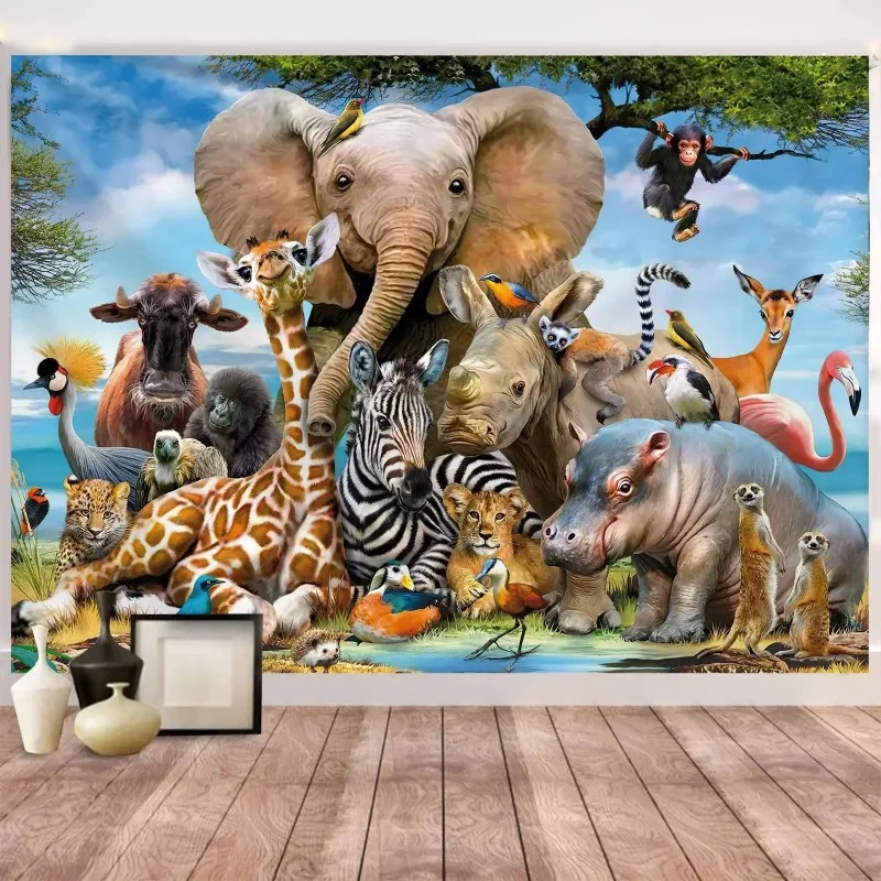 Animal World Tapestry Forest Tiger Elephant Giraffe for Children‘s Room Wall for Bedroom Living Room Decorations Hanging Curtain