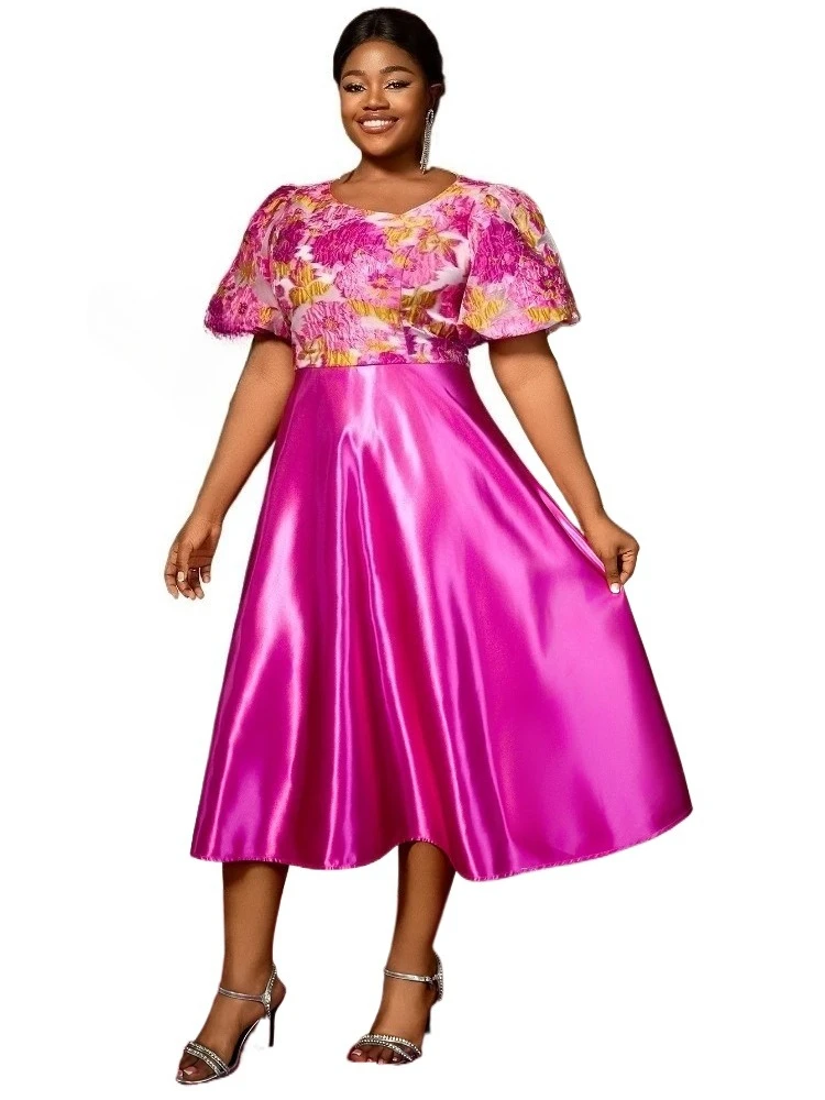

Women Elegant A Line Midi Jacquard Dress Skew Collar Short Sleeve Evening Party Wedding Celebration Stylish African Female Gowns