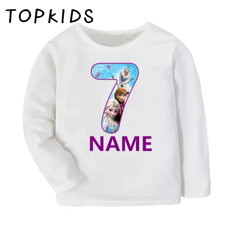 Frozen Elsa Anna Princess Print Girls T shirt 1 2 3 4 5 6 7 8 9 Years Birthday Number Bow Kids Long Sleeve T-shirts Boy Clothes