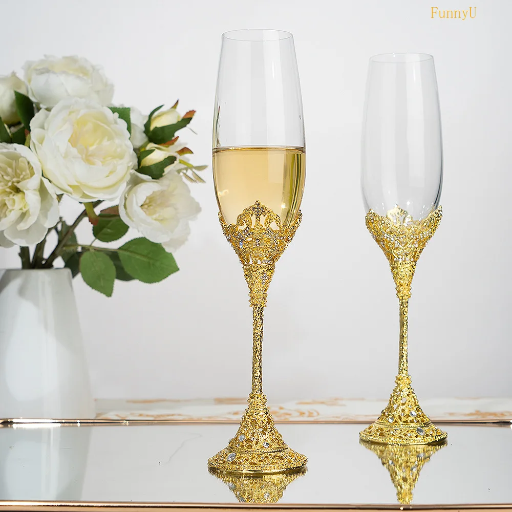 1-2Pcs Wedding Toasting Flutes Set Drink Goblet Cup Crystal Champagne Glasses & Metal Base With Crystal Stones Hollow-out Decor