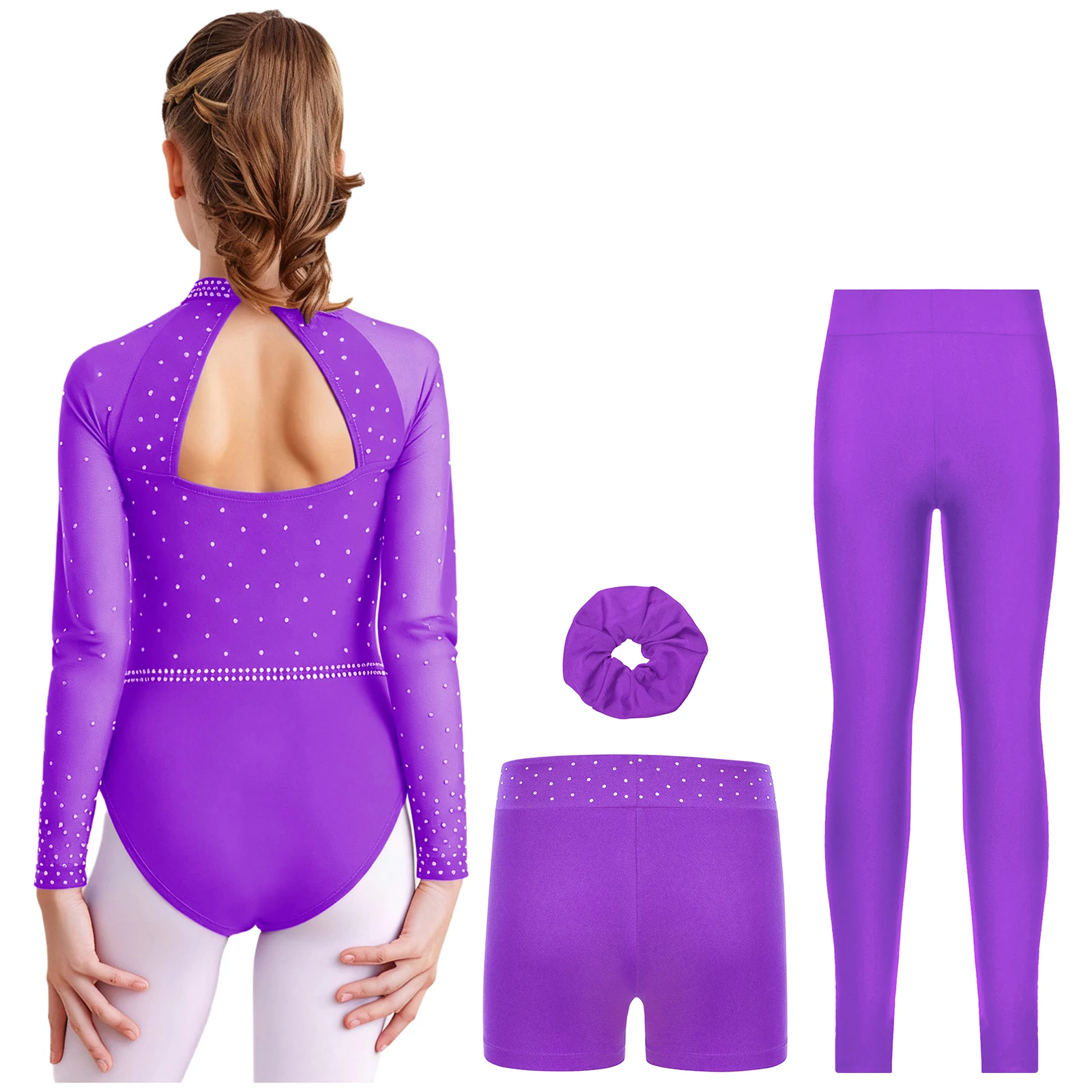 Fantasia de ginástica para meninas, 4 unidades, malha transparente, mangas compridas, collant + shorts + leggings + faixa de cabelo, roupa de dança para patinação artística