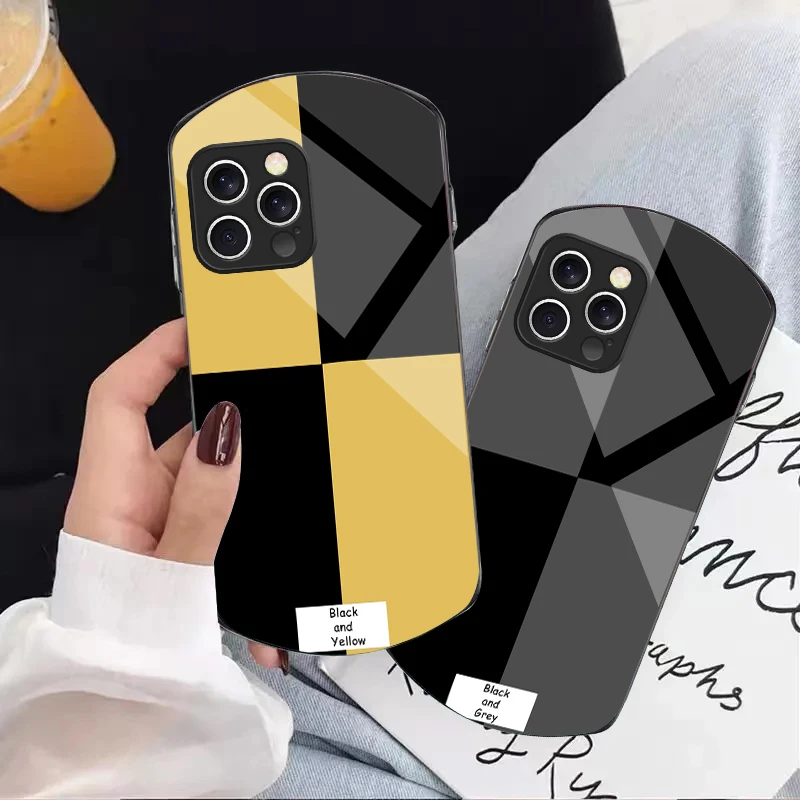 

Black and yellow blocks For iPhone 16 15 14 Pro 13 Plus 12 mini 11 13Pro Max XR Xs X 7 8 6 Elliptical Tempered Glass Phone Case