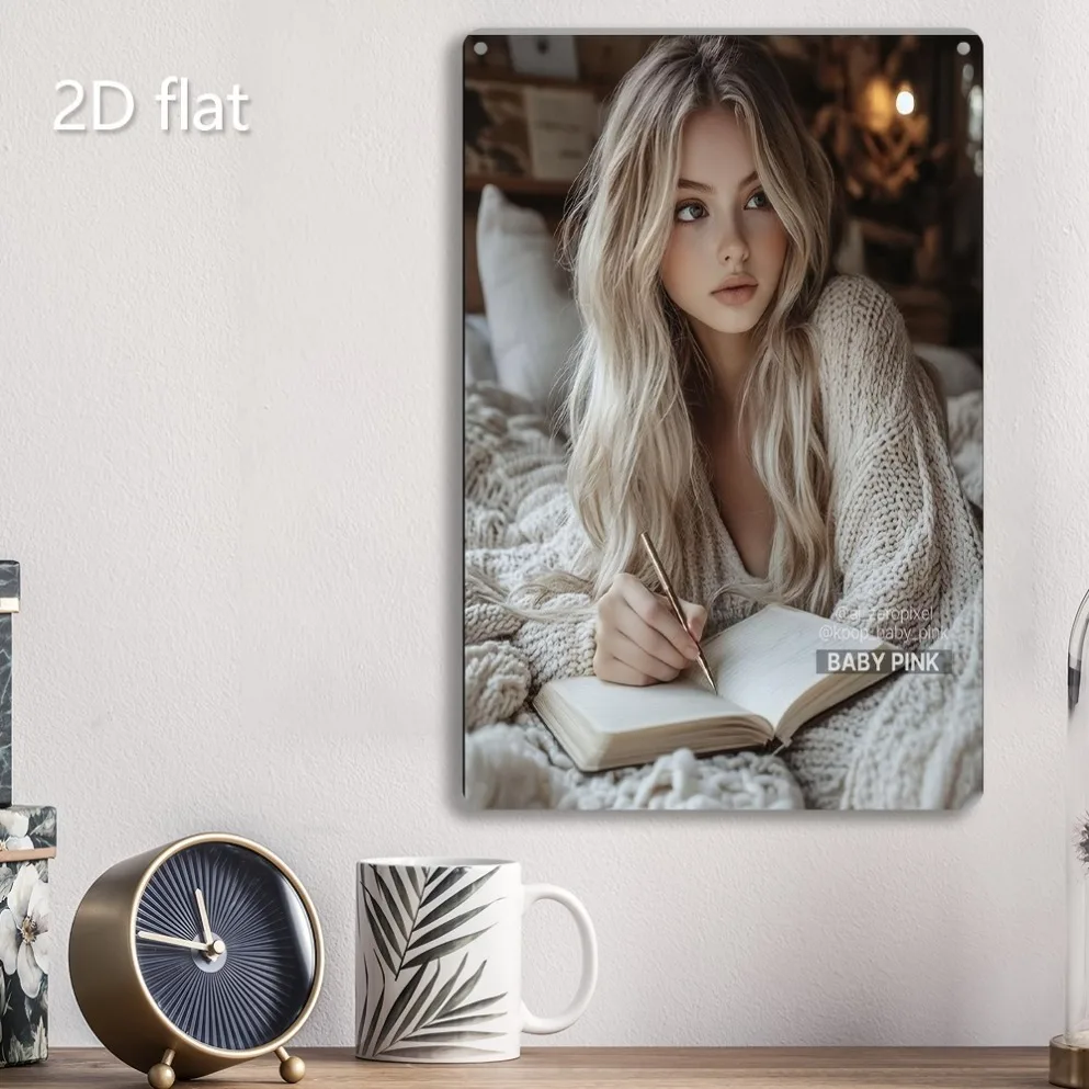 2D Metal Sign Blonde Lady Writing Wall Art Iron Black Vintage 30x40cm Weatherproof Pre-Drilled Home Garden Indoor Outdoor Decor
