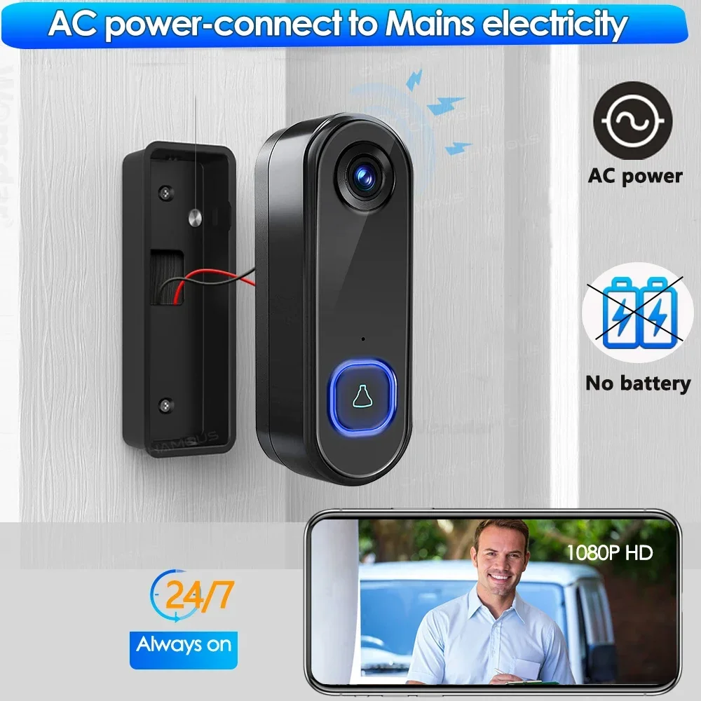 Sonnette vidéo Tuya WiFi sans fil, sonnette extérieure, caméra de porte, alimentation CA, téléphone de porte vidéo 1080P, étanche IP65, Alexa,