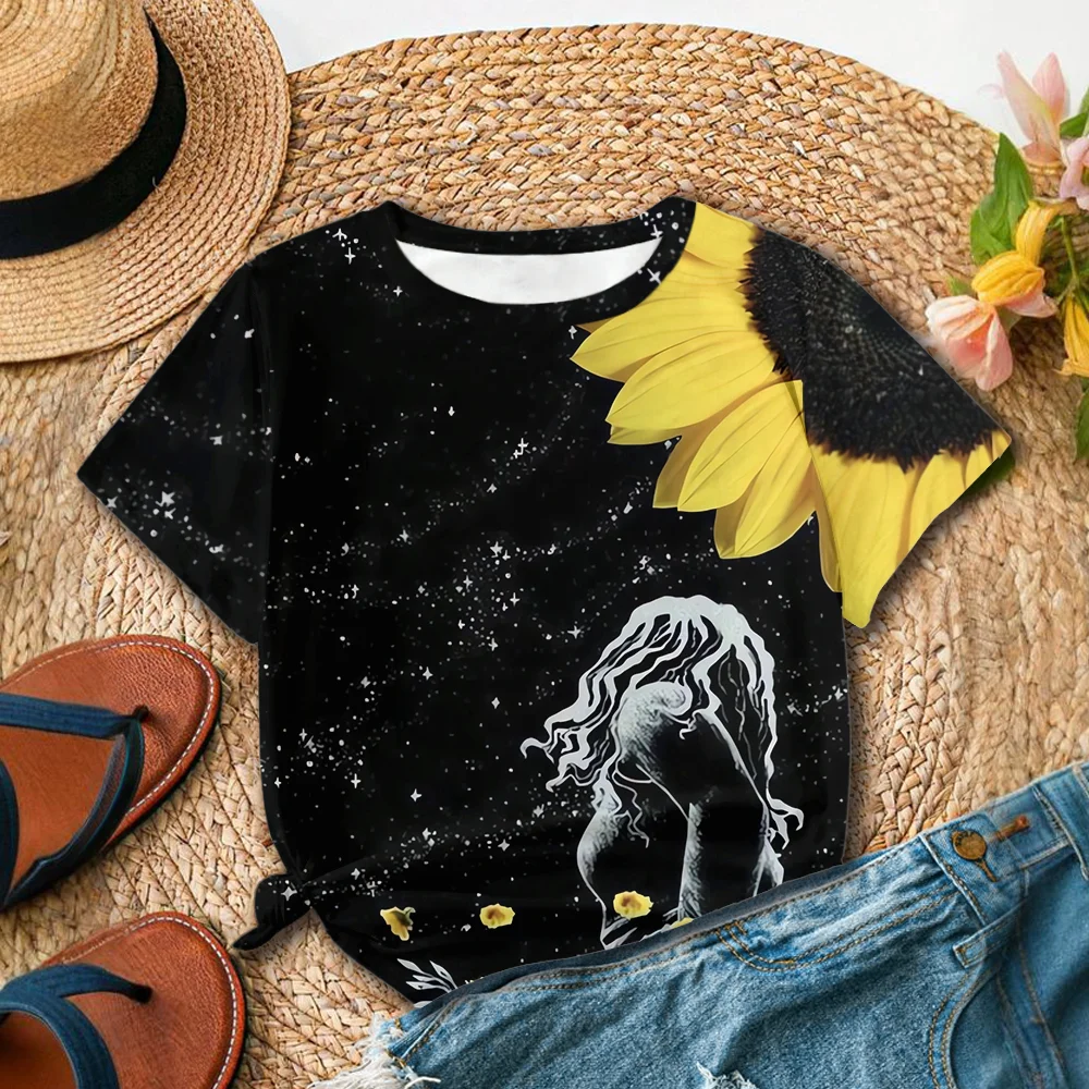 Beautiful Art Style Black Starry Sky Flower Portrait Printed Fashion Summer Women's Casual Short sleeved T-shirt