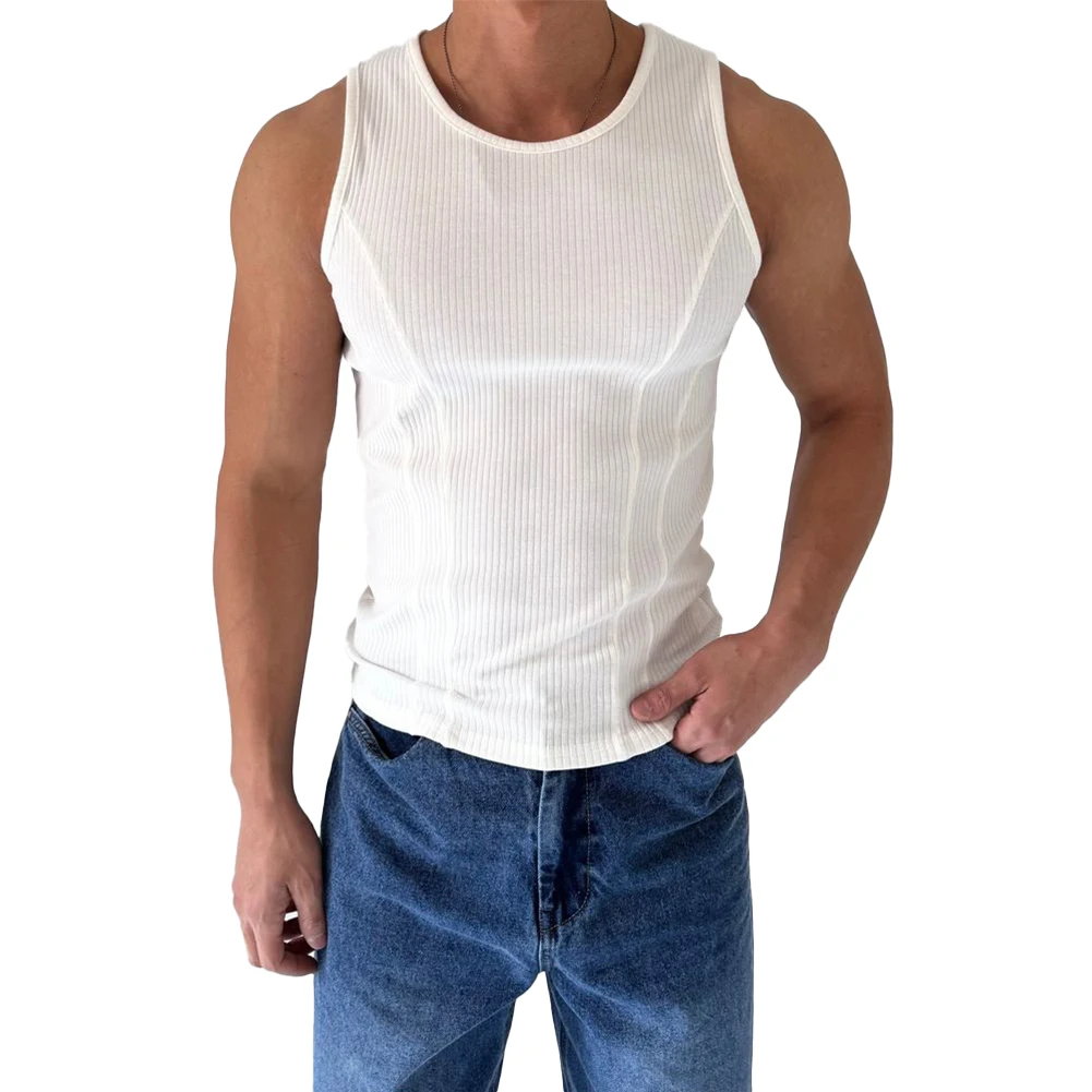 Comfy Fashion Hot Men Vest Top O-Neck Ribbed Sleeveless Solid Sports Stripe Tank Top Activewear Top Bodybuilding Vertical