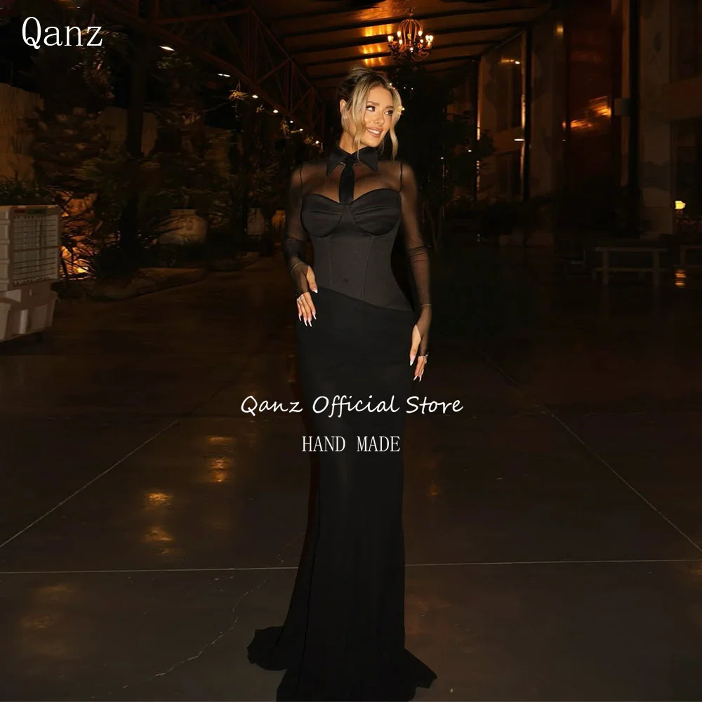 

Qanz Modest Black Prom Dress Mermaid High Neck Long Sleeves Formal Evening Gowns Women Vestidos De Gala De Noche Customized