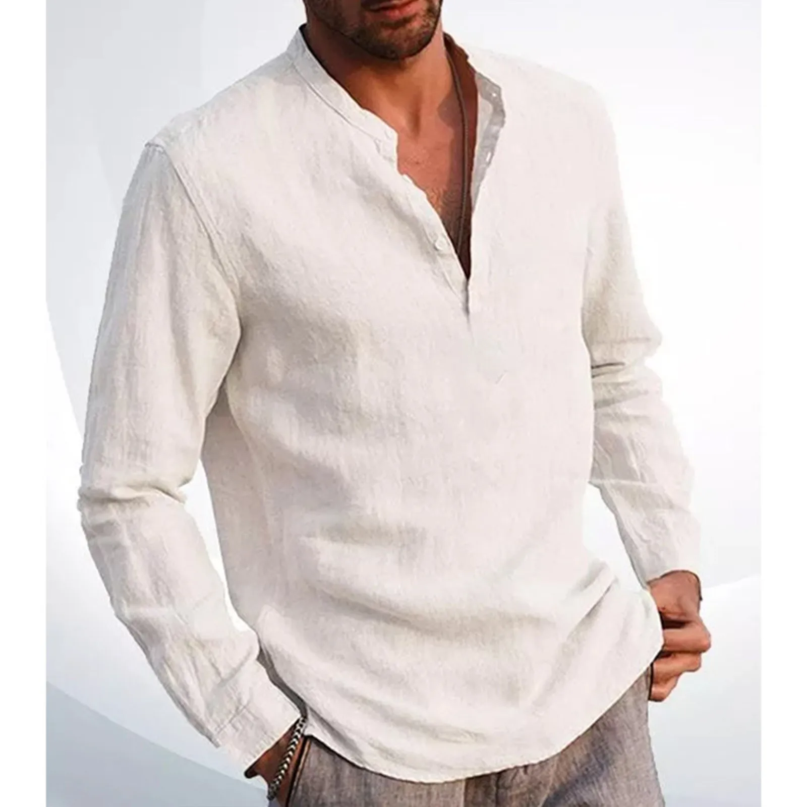

New Men's Cotton Linen T Shirts Casual Long Sleeve Button Down Collar Shirt Loose Solid Color Tops Spring Men Clothing