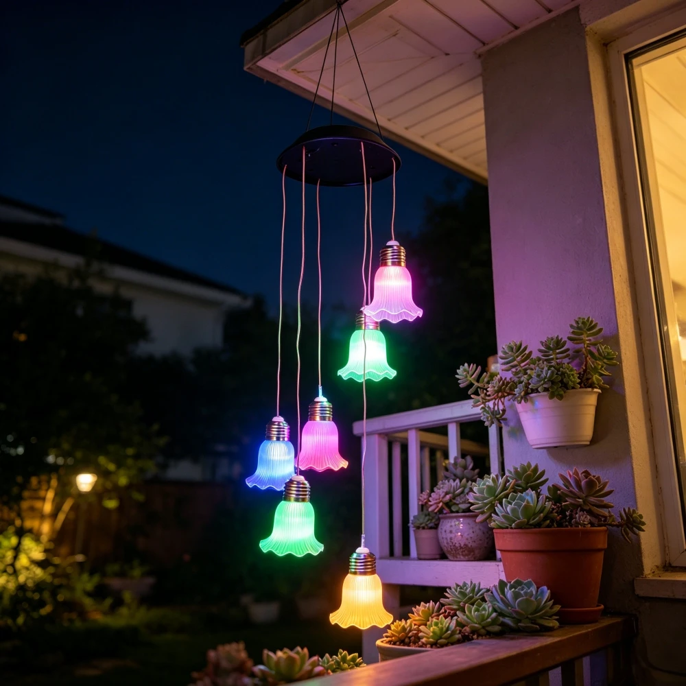 Solar Ballet Skirt Trumpet Flower Wind Chime Lights, Waterproof Floral Hanging Lamp for Tree Porch Camping Wedding Decor