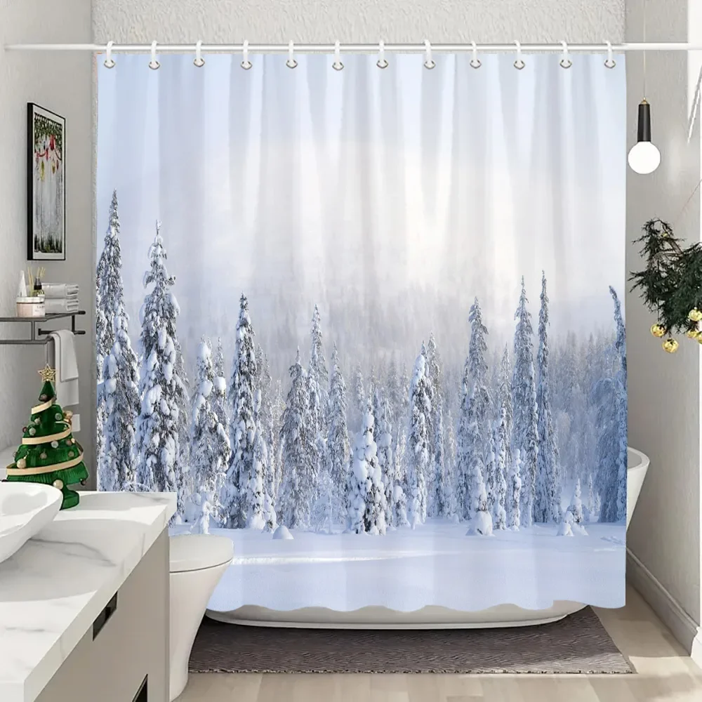 Winter Outdoor Forest Snow Shower Curtain Farmhouse Mountain Landscape Polyester Fabric Washable Shower Curtains Bathroom Decor