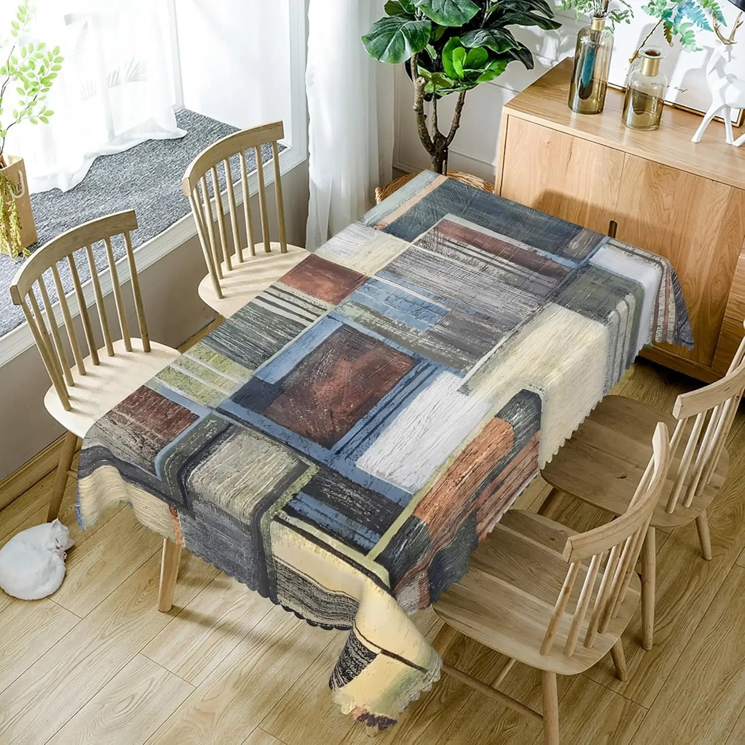 Abstract Art Painting Waterproof Tablecloth Blue Brown Grey Patchwork Table Cover for Kitchen Dining Picnic Decor