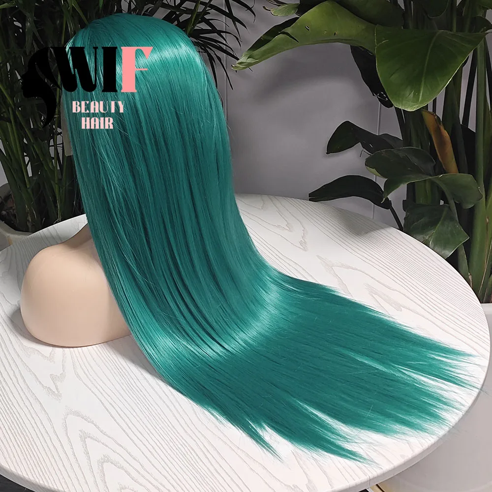 Wif-cabelo sintético reto de seda, cabelo sintético, parte livre, longo e reto, cor verde esmeralda, fibra de calor, peruca dianteira do laço, maquiagem usar peruca