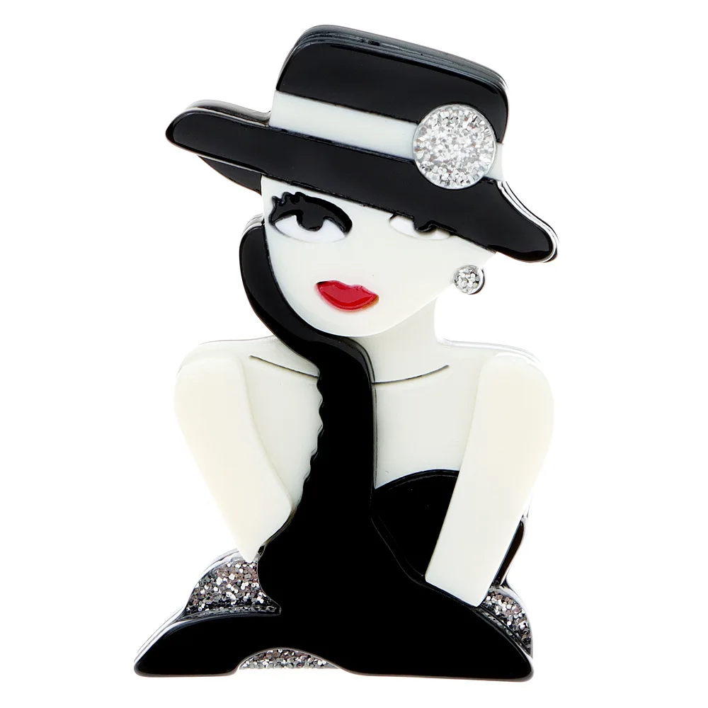 Acrylic Cute Girl Brooch Black and White Fashion All with Acetic Acid Pin