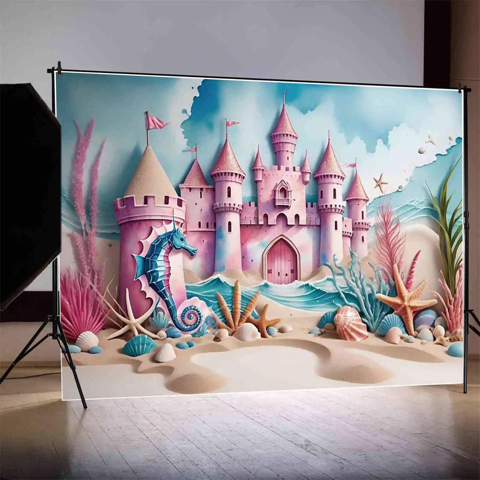حورية البحر الفتيات حفلة عيد ميلاد خلفية التصوير الفوتوغرافي الصيف شاطئ الرمال القلعة الأميرة خلفية الأطفال اطلاق النار الدعائم