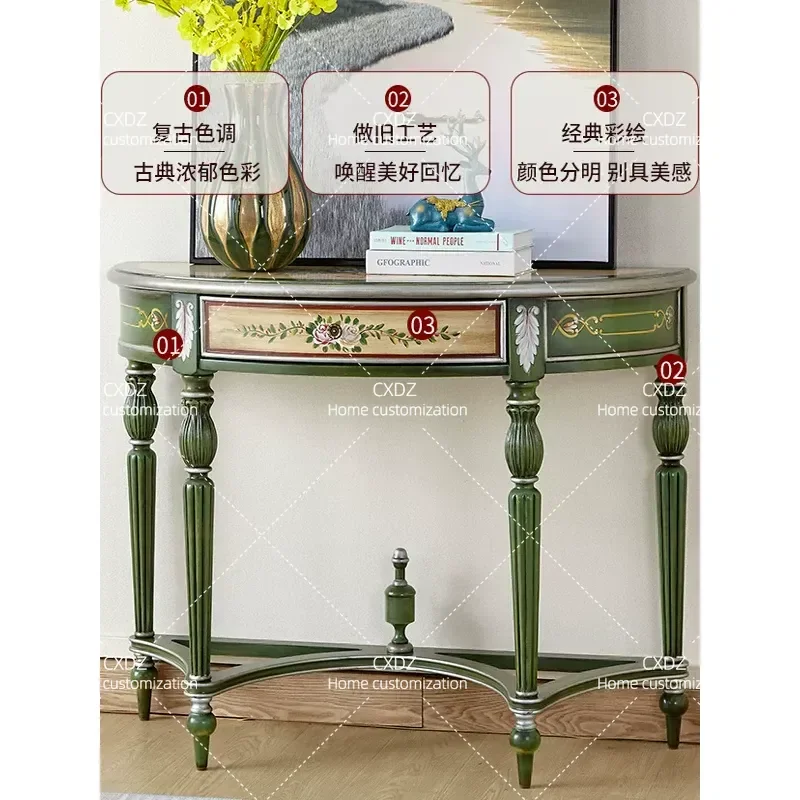 Retro Solid Wood Semi Round Entryway Table Wall Mounted Console Cabinet for Foyer Hallway Decorative End View Table Small