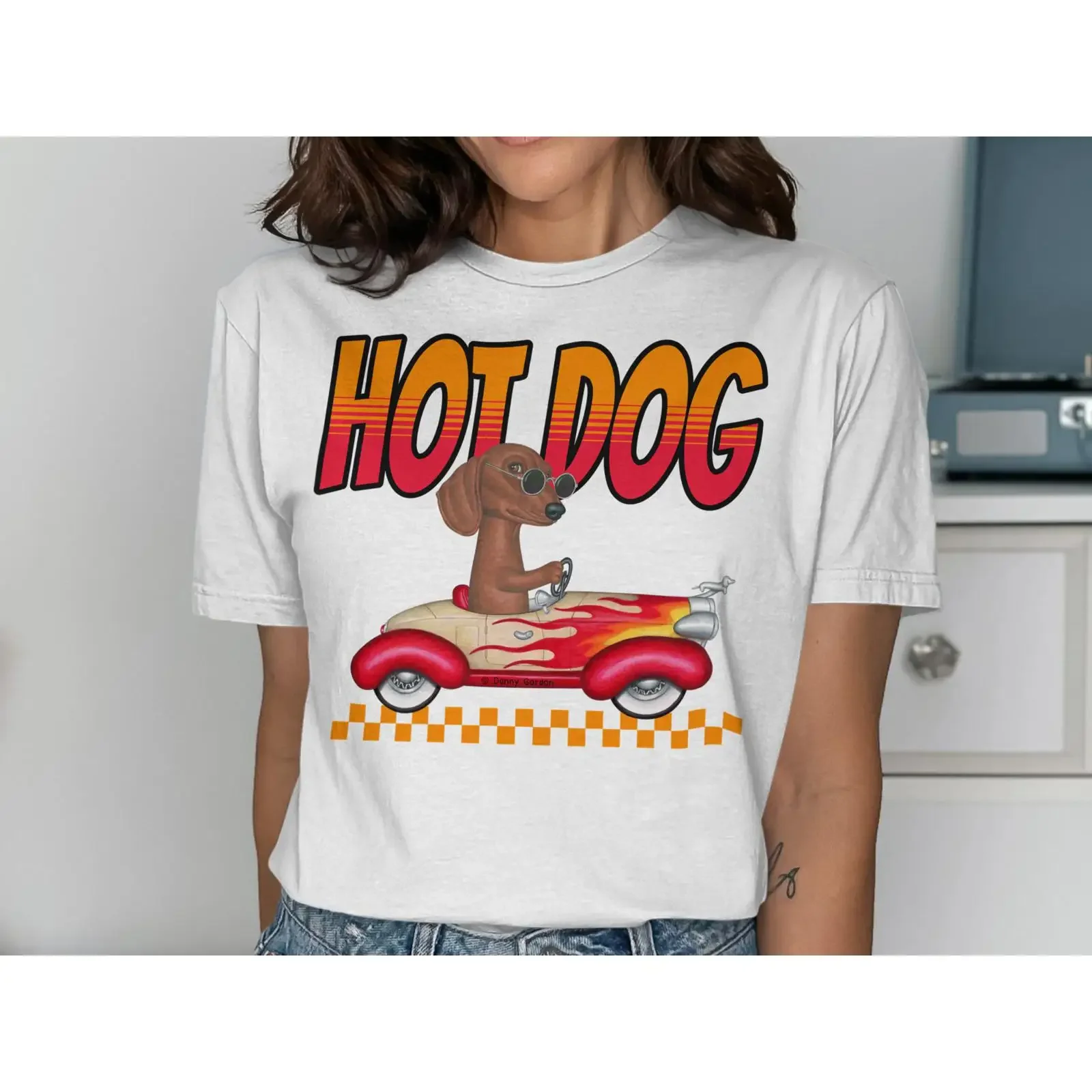 Dachshund T Shirt Funny Weiner Dog Driving Fire Hot Rod Sausage Novelty vintage Washed Stretched homme designer clothes Unisex
