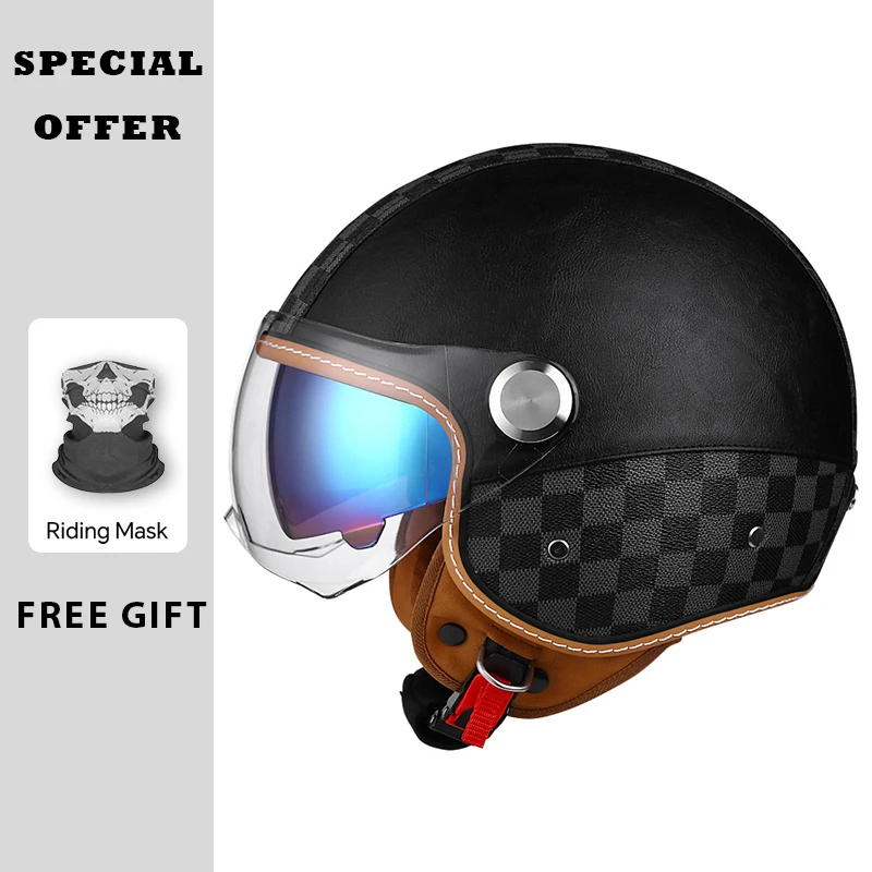 

Retro Semi-open Motorcycle Helmets Leather Men Women DOT ECE Open Face Helmets Daul Lens Cascos Para Motos 3/4 Open Half Helmet