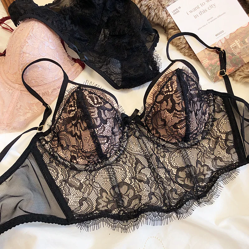 French sexy eyelashes bra and panty set lace bralette cotton pad soft steel ring top support bralette slim fitting bone clothing