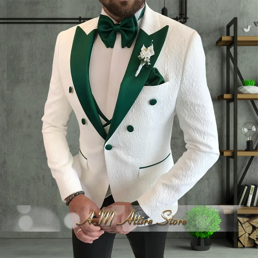 

Premium Jacquard Suit for Groom White Paisley 3-piece Wedding Outfit With Green Satin Lapel Jacket Vest Pants Custom Prom Tuxedo