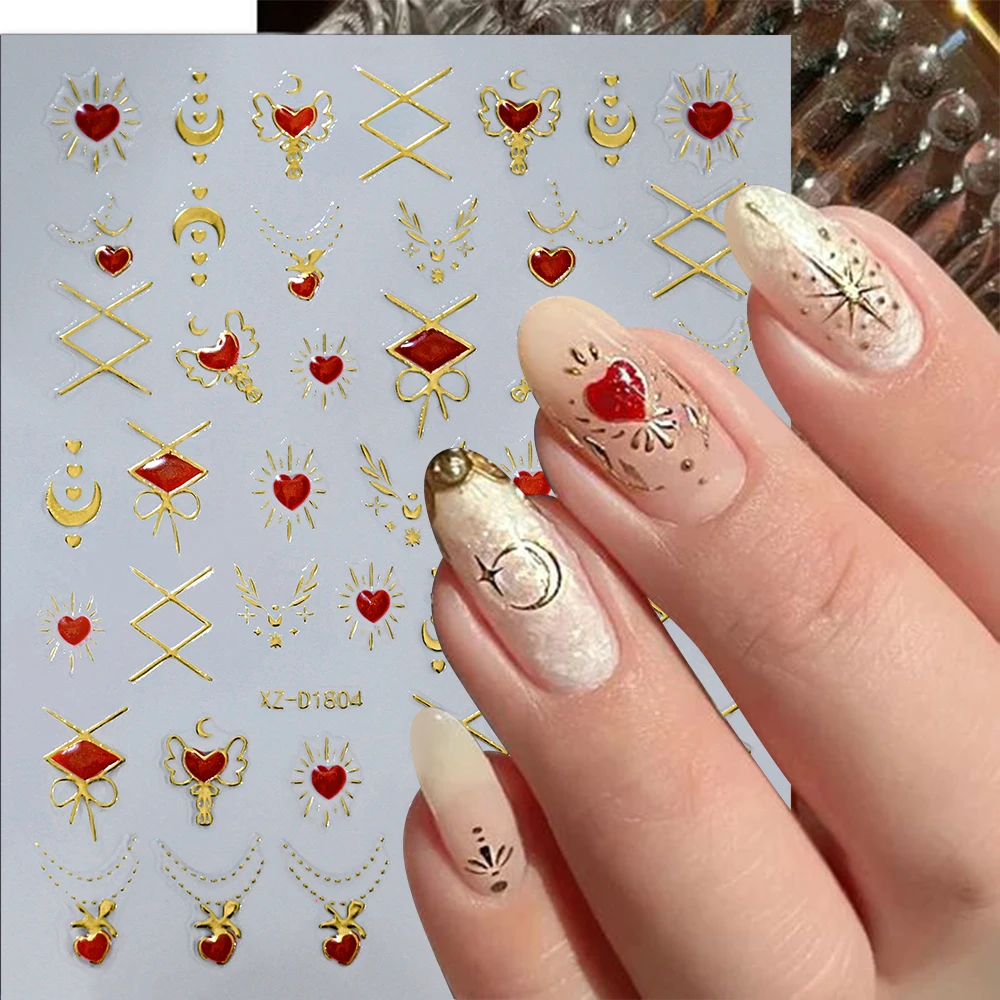 1pcs Gold Red Love Gemstone Nail Stickers Star Moon Geometric Hot Stamping Bohemian Self Adhesive Nail Sliders DIY Nail Decor