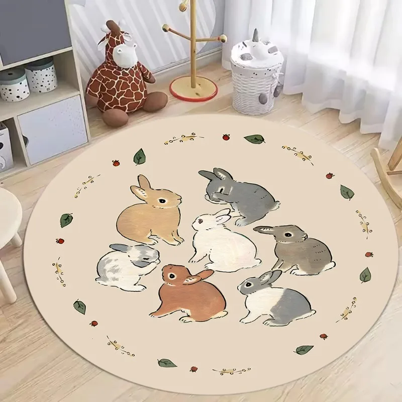 Cute Rabbit Pattern Round Rug Bunny Print Easter Carpet  Play Soft Non-Slip Mat Holiday Home Decor Rug for Living Room
