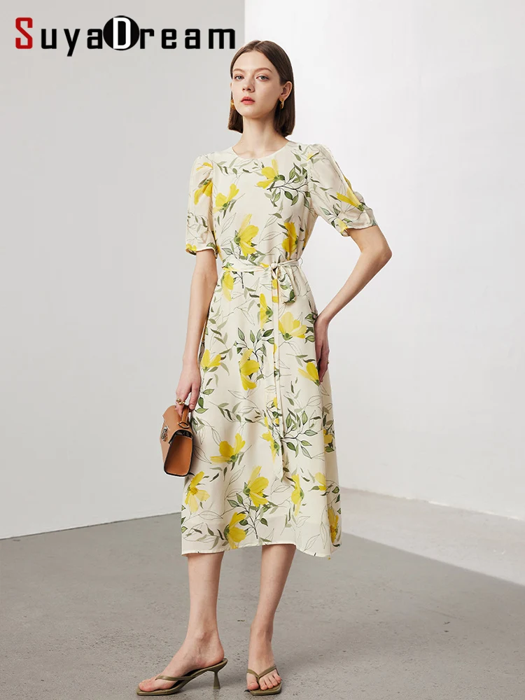 SuyaDream, Women Floral Long Dresses, 100%Real Silk, Printed Sashes Dress, 2024 Spring Summer Casual Style Clothes, Yellow