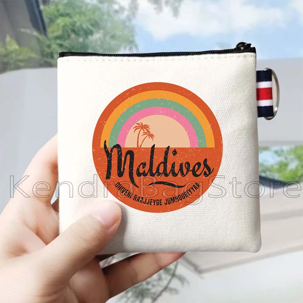 Vintage Maldivas Manta bandera mapa palmeras puesta de sol playa océano paisaje lienzo monedero cuadrado almacenamiento de llaves tarjeta bolsa cartera