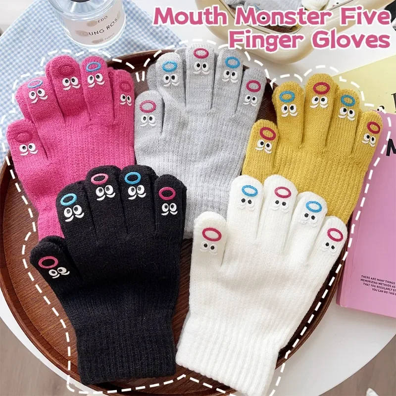 Funny Facial Expression Five Finger Knitted Gloves Knitted Touchable Cute Solid Color Windproof Warm Winter Soft Cartoon Glove