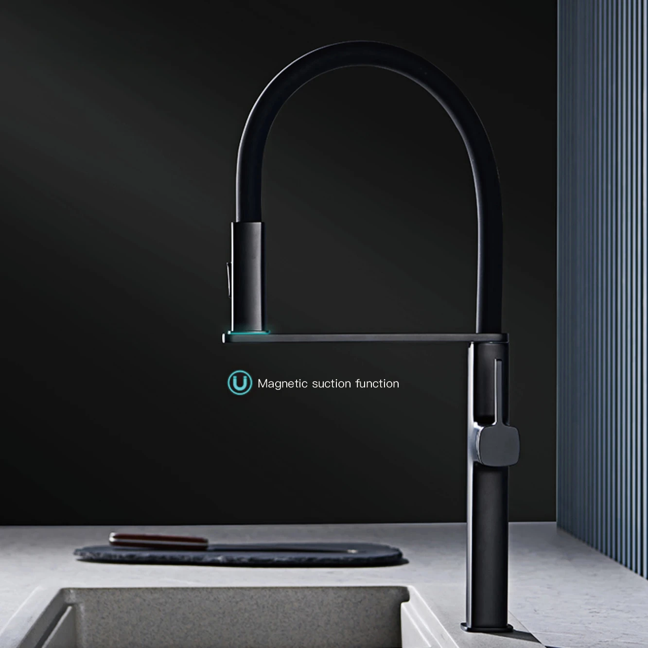 

Luxury black brass kitchen faucet with simple design, magnetic suction pull-out single handle hot and cold water sink mixer