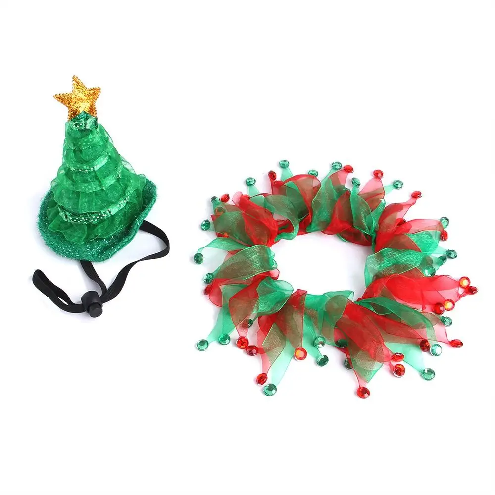 2Pcs Small Dogs Pet Christmas Costume Suit Green Shiny Hat Elf Hat Cat Tutu Collar and Hat Set Gauze Elastic Strap