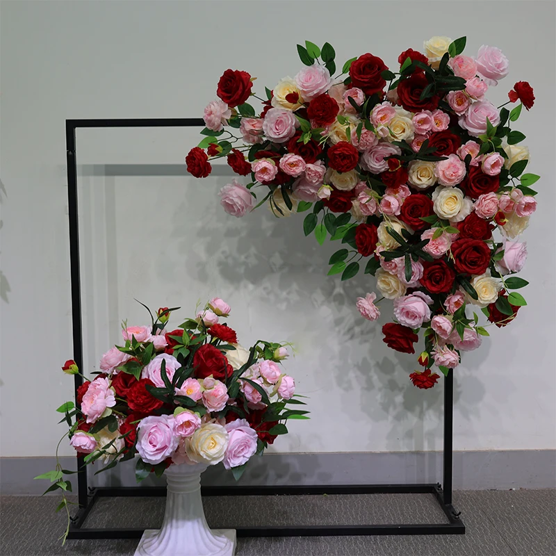 

Hot sale wedding layout floral set table red rose ball artificial row frame arch flower party event decoration