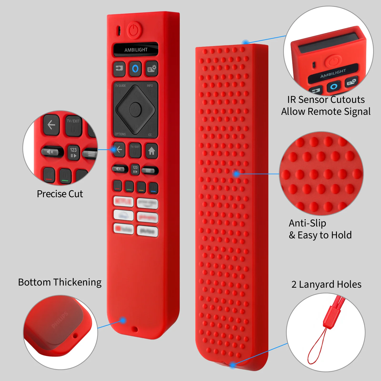 Silicone Covers for Phil-Ps 75PUS7009/12, 50PUS7009/12, 43PUS7009/05, SRC-3215-01, SRC-3216-11, and SRC-3216-12 Remote Controls.