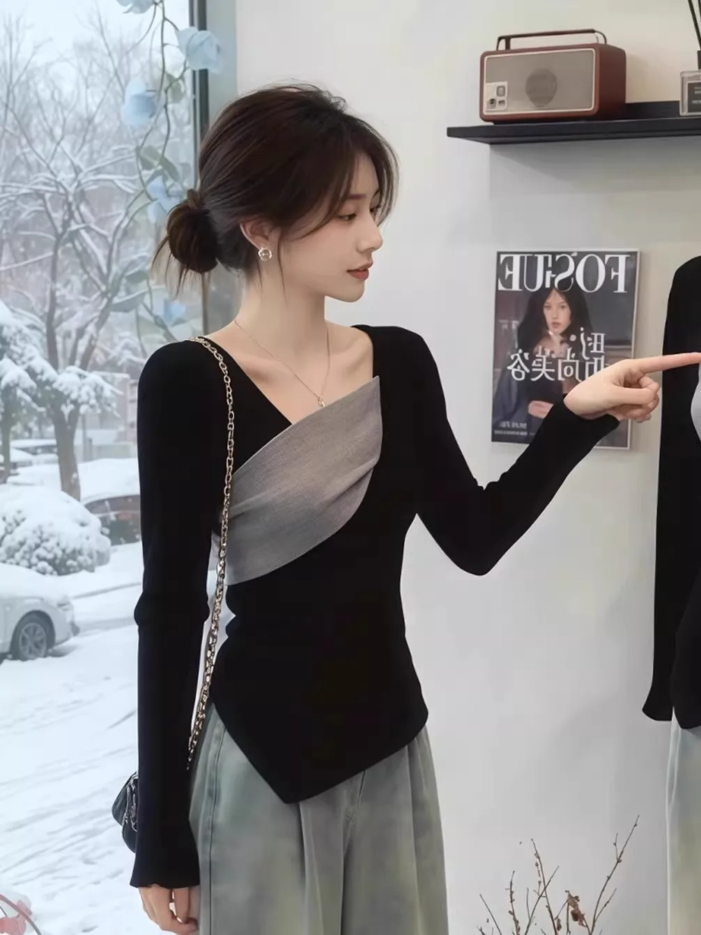 

Korean Sle Color Blo Asymmetrical Women's Slim Fit Knitwear Top Inner Wear Base irt Spring Autumn Outerwear Casual