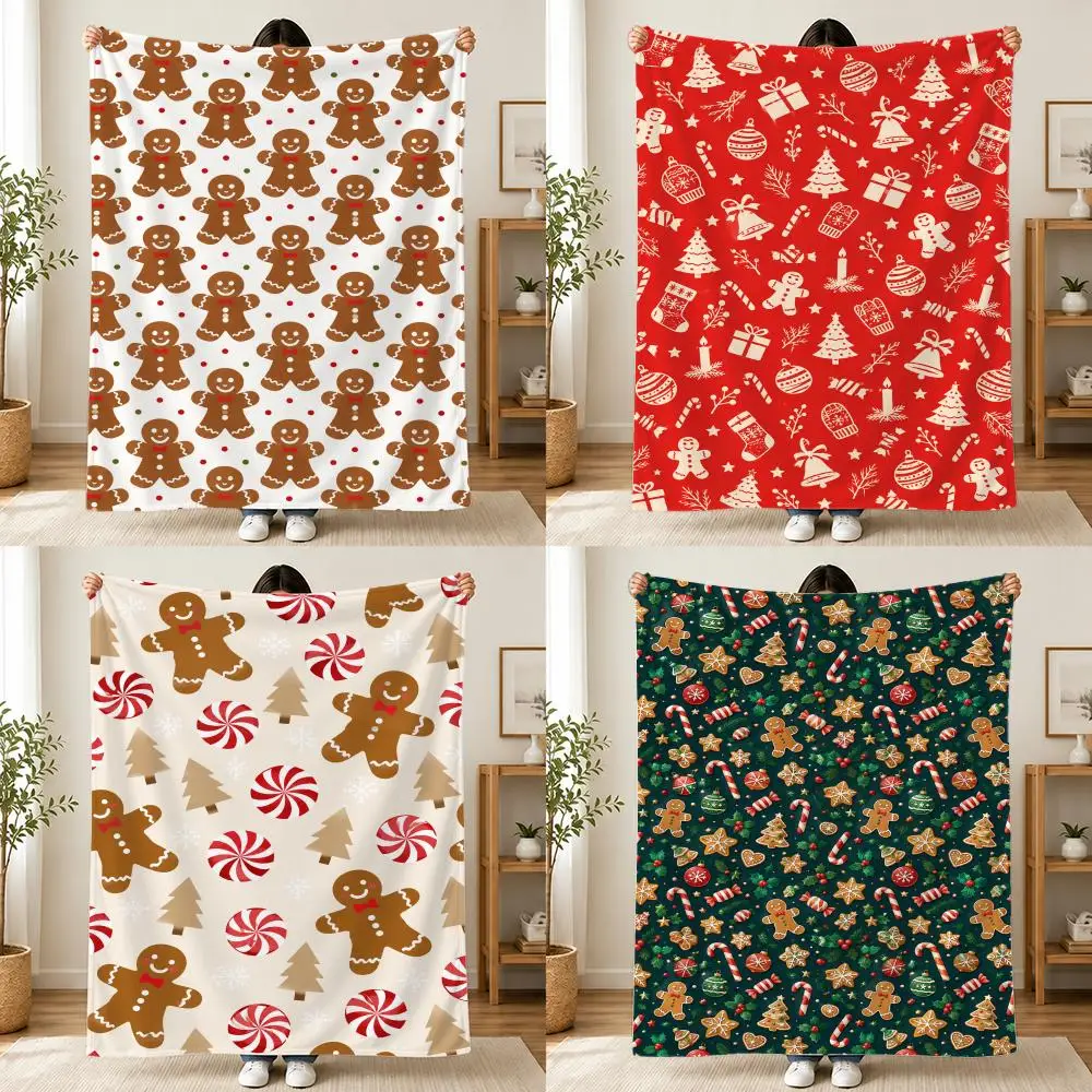 Christmas Gingerbread Man Candy Cane Scatter  Throw Plush Flannel Throw Blanket, Sofa Bed Travel Picnic Home Textile Decor