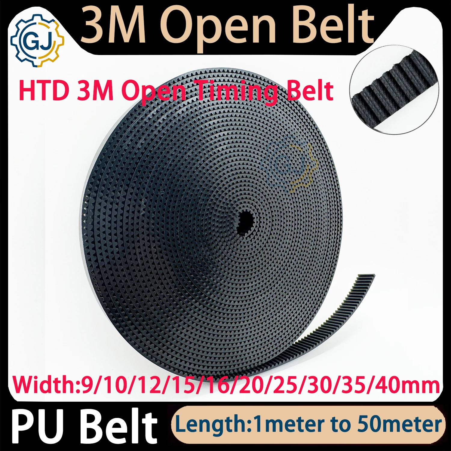 Black HTD3M Open Timing Belt 3M Polyurethane Steel PU 3M Synchronous Belt Width 9/10/12/15/20/25/30/40mm HTD 3M Open Timing Belt