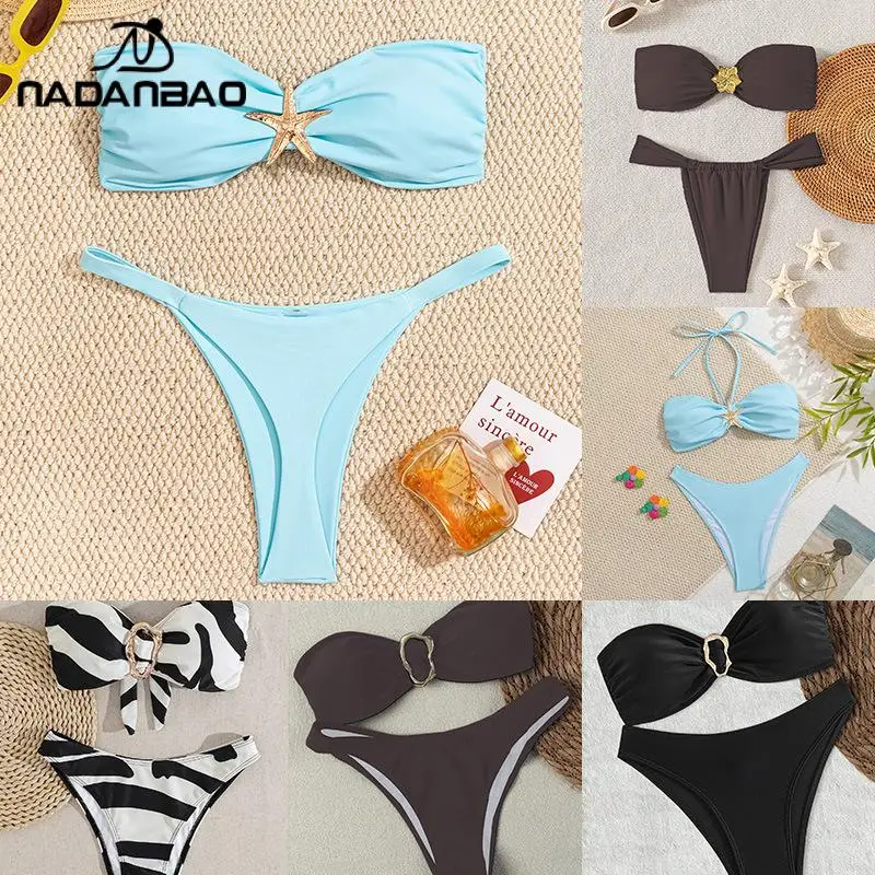

Nadanbao модный сексуальный однотонный женский костюм бикини с висячим вырезом без бретелек купальник высокая эластичность с открытой спиной для женщин