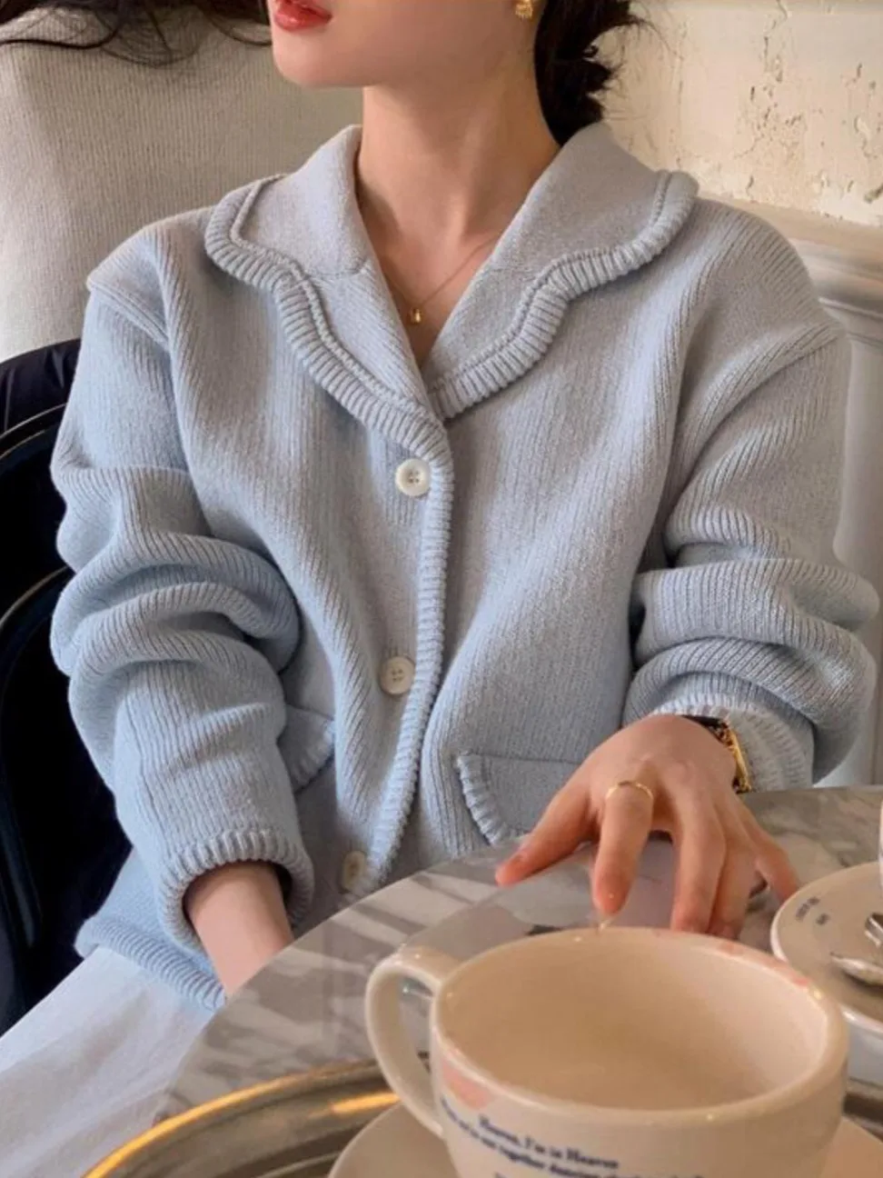 시크한 가을 겨울 루즈 캐주얼 여성 니트 스웨터 코트 더블 버튼 순색 싱글 버튼 부드러운 아우터웨어