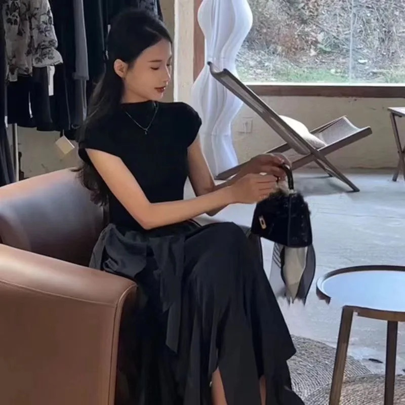 

French Hepburn Style New Long Dress for Women Summer Waist Slimming Design Irregular Hem Black Dress for Women