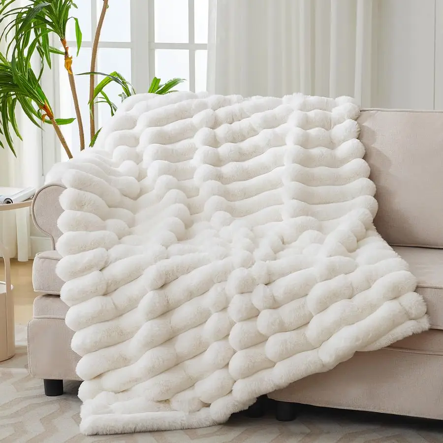 

Fur Throw Blanket for Couch,Cozy Soft Plush Thick Striped Luxury Blanket for Sofa Living Room Bedroom,50 60 Inches, White