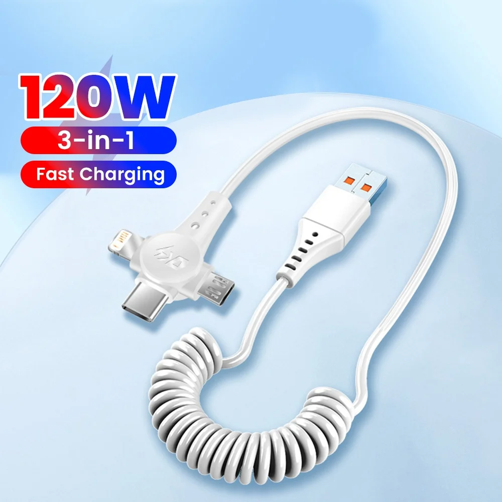 

Military Grade 120W Retractable Charging Cable 6A 3-in-1 Spring Cord Ultra Durable for iPhone 14 13 12 11 Huawei Samsung Xiaomi