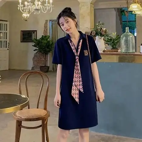 

Polo Neck Dress Style Turn-Down Collar Midi Dress Female Clothing Short Sleeve Commute 2024 Summer All-Match A-Line Loose Dress