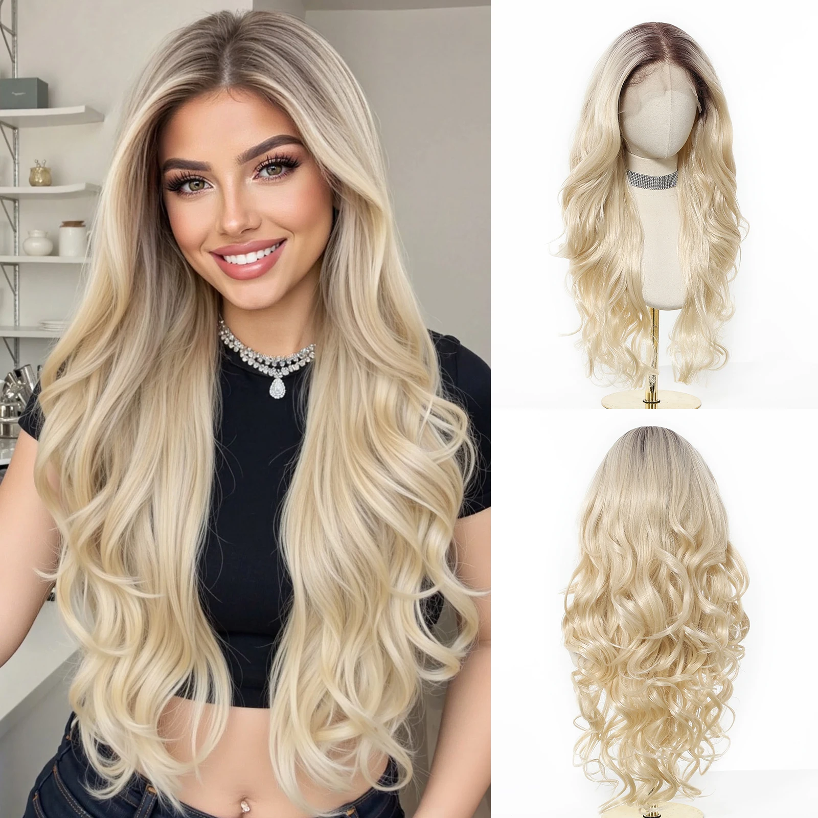 

HENRY MARGU Ombre Blonde Lace Synthetic Wig Dark Root Middle Part Wig Long Wavy Hair Heat Resistant Fiber Daily Party Use