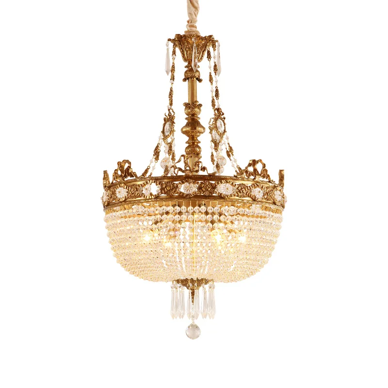 French Baroque Retro Copper Crystal Hanging Pendant Light Banquet Hall Foyer Dome European Brass Suspension Chandelier