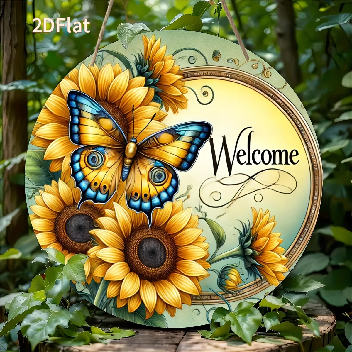 2D Flat, Vintage Butterfly Sunflower Welcome Sign - Rustic Farmhouse Style Door, Wall, and Porch Decoration, 2D Wooden Hanging A