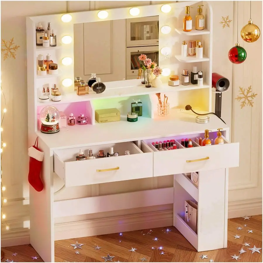 Vanity Desk with Lighted Mirror and Power Outlet, RGB LED Lights Makeup Vanity Set for Girls, Large Storage Capacity Dressing T