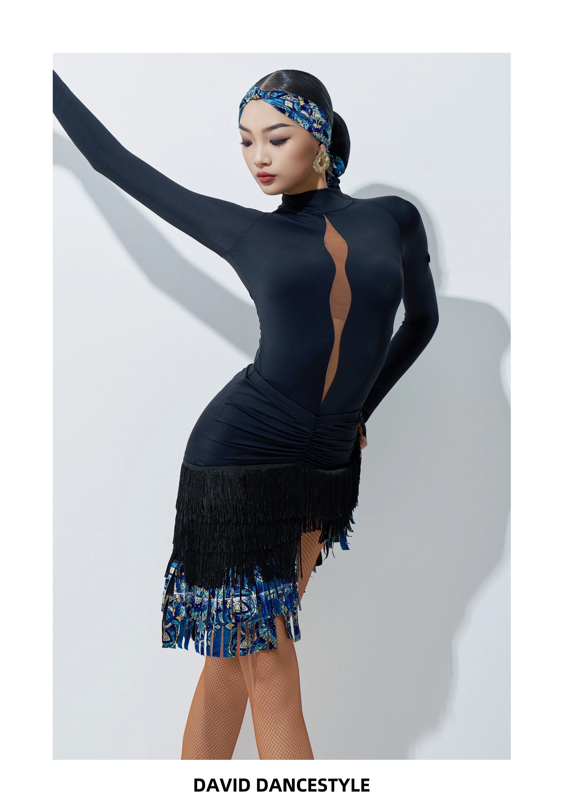 UK latin dance dress Girls 2 Piece Training Set Round Neck Keyhole Mesh Top with Floral Fringe Skirt Latin Dancewear